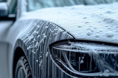 Lavage extérieur de voiture avec de la mousse abondante